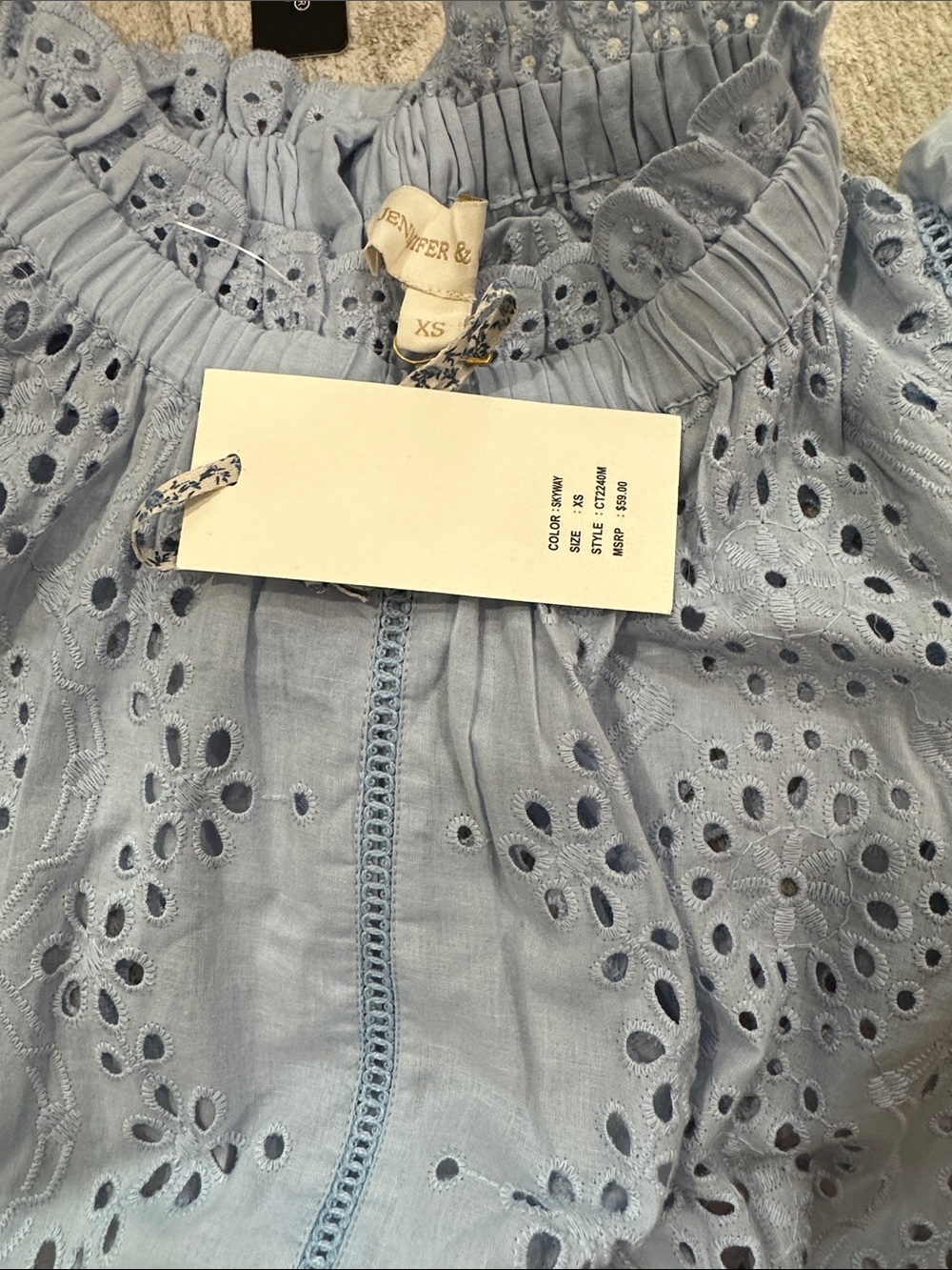 NWT Jennifer & Grace Eyelet Flutter Sleeve Cotton Top Blue Feminine Women's xs - Picture 3 of 5